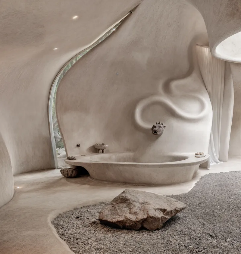 Bathing area with sunken tub and stone element on sand floor beneath undulating plaster walls