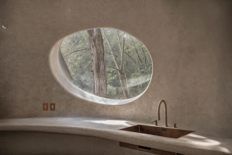 Kitchen counter with circular window framing tree trunks outside in filtered forest light