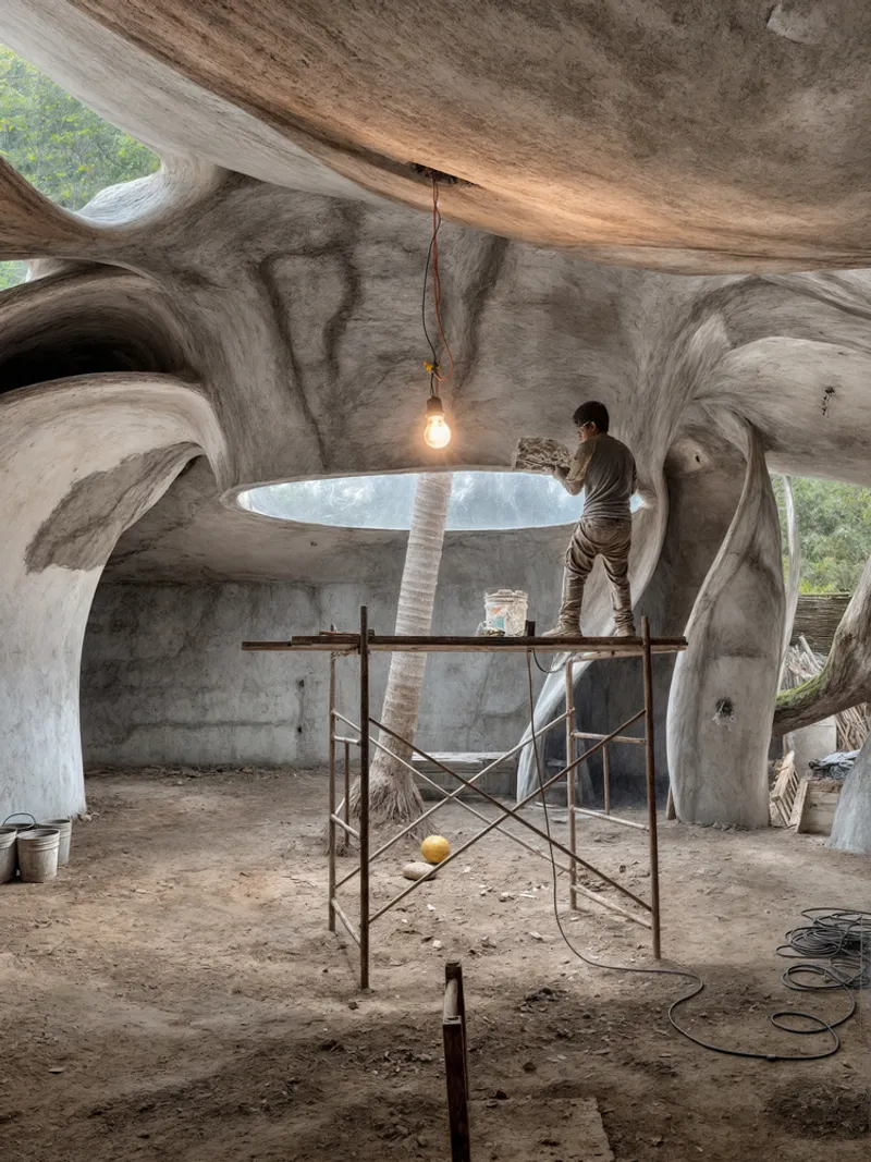 Interior workspace with sculptural concrete ceiling, circular skylight, and worker on scaffolding applying plaster