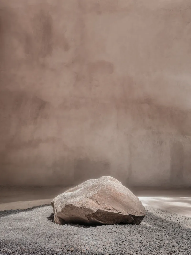 Single boulder resting on sand floor beneath a curved plaster wall with shadow patterns