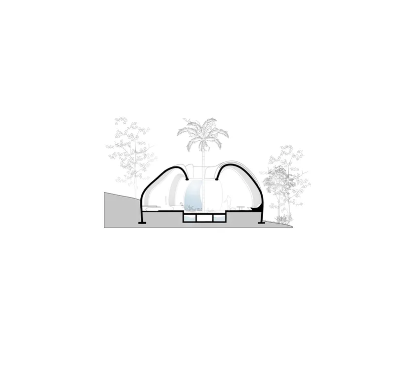 Section drawing showing dual-dome vault structure with central palm tree and surrounding site vegetation