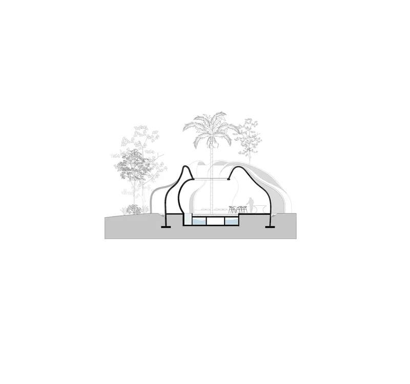 Section drawing showing a structure with undulating roof forms flanked by palm and deciduous trees
