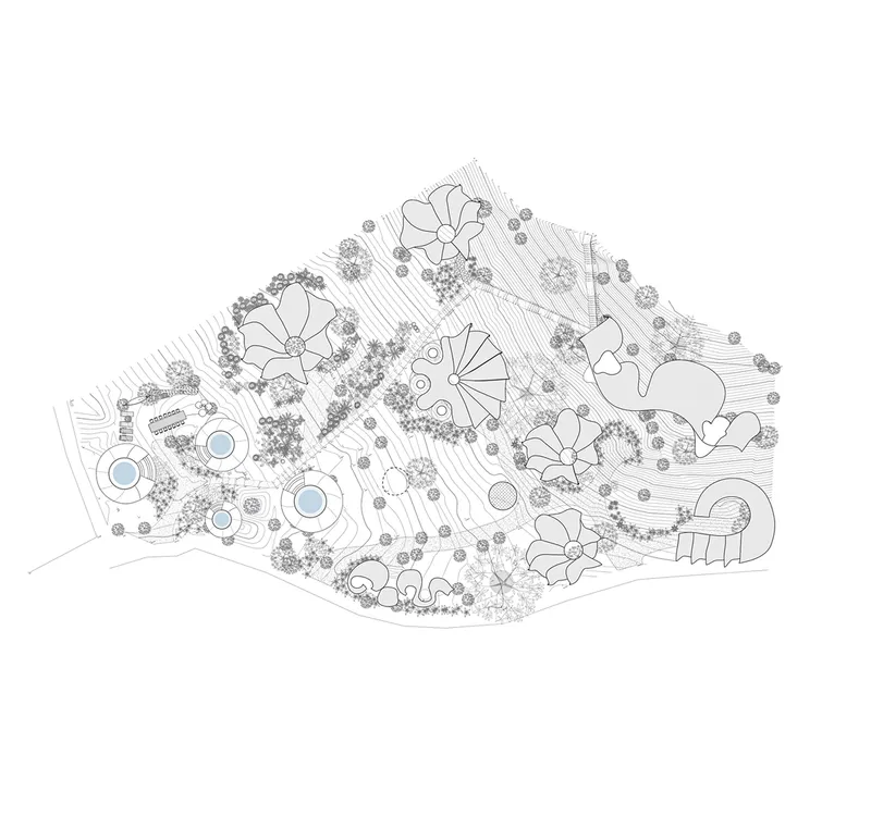 Isometric site plan showing multiple lobed structures nestled among topographic contours and dense vegetation