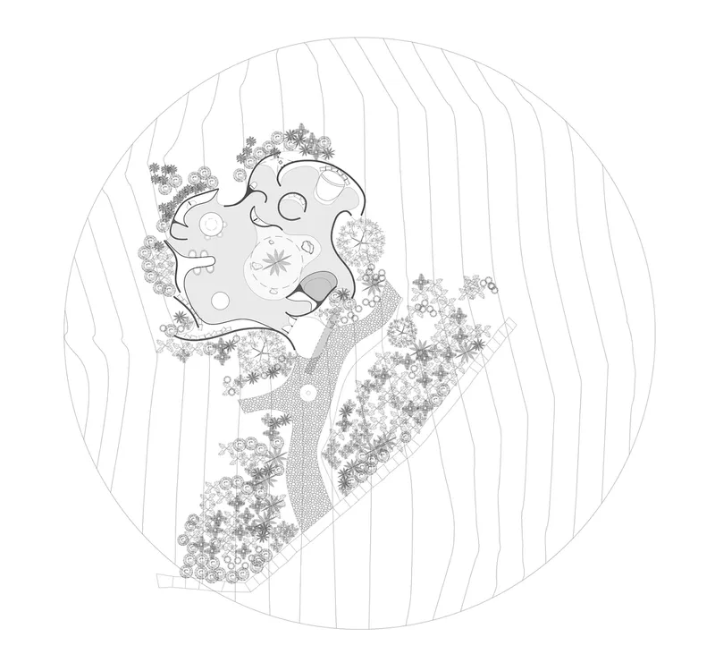 Site plan drawing with a lobed structure positioned along a curved path with surrounding planting
