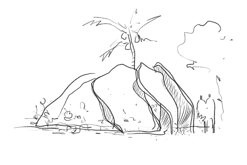 Sketch showing the undulating roof form beneath a palm tree with figures standing nearby