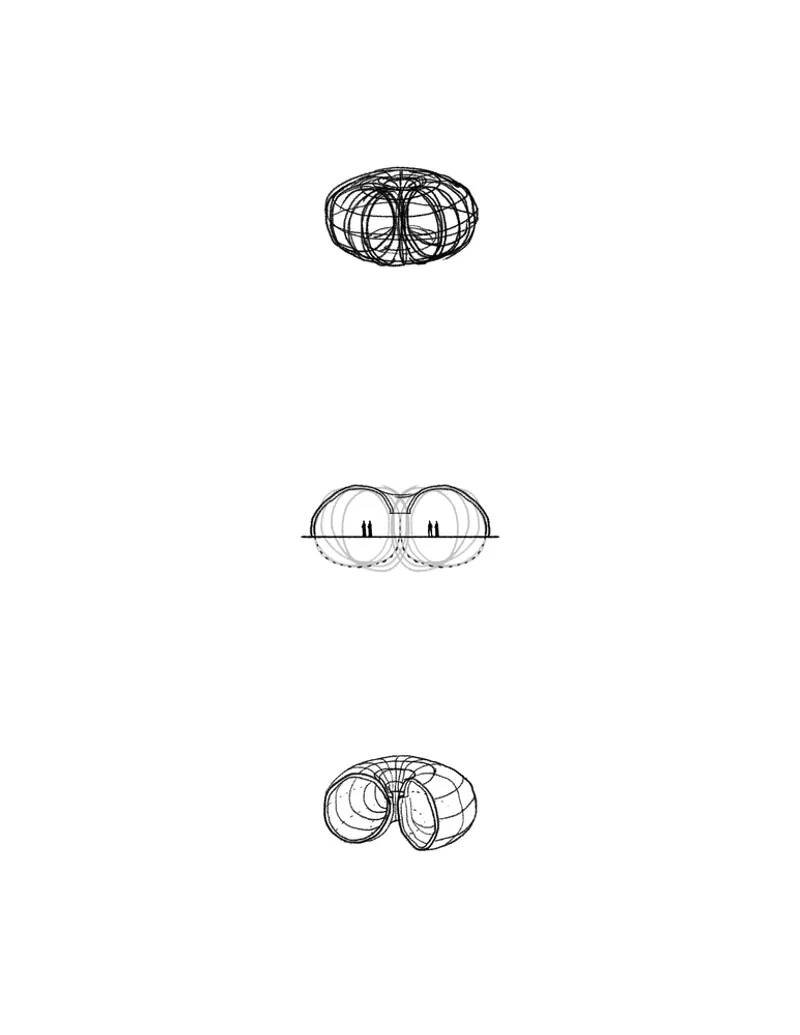 Axonometric, elevation, and perspective sketches of a double-lobed domed structure with ribbed framework