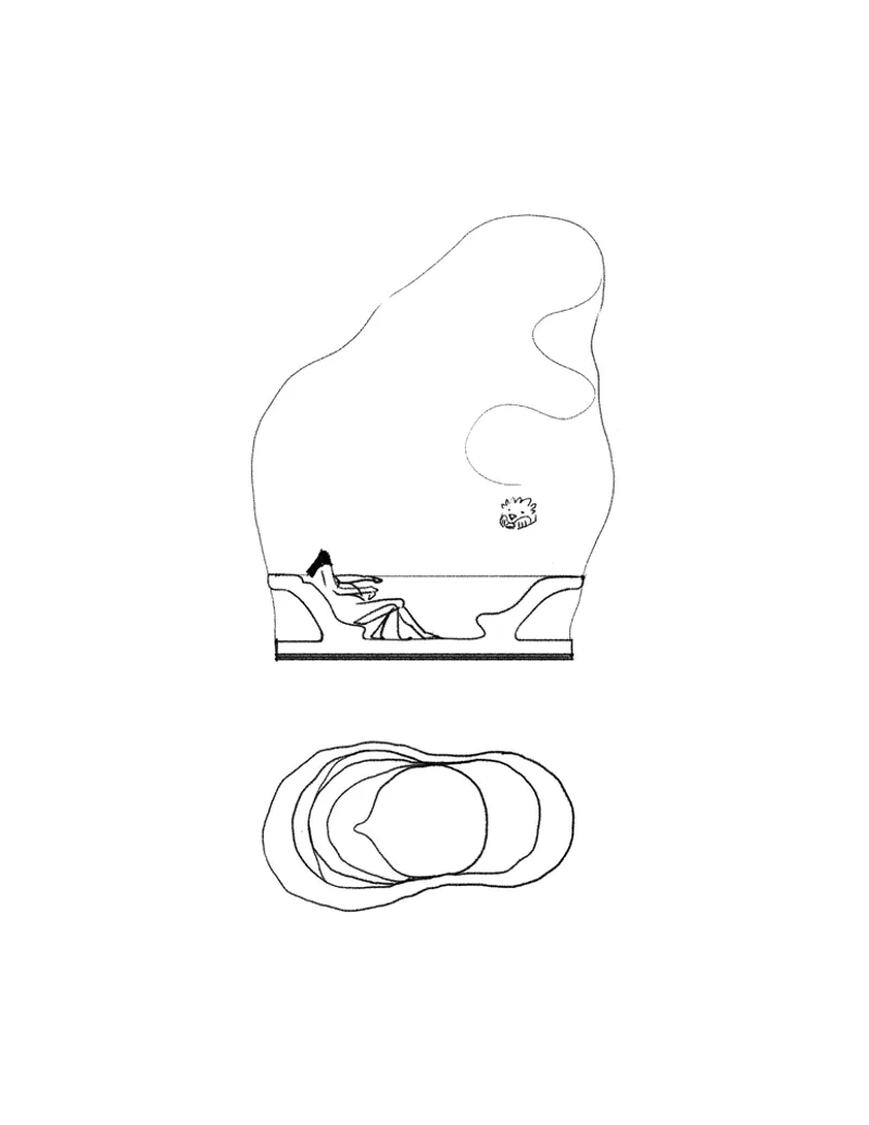 Section drawing showing an organic curved volume with a central stair and overlapping plan below