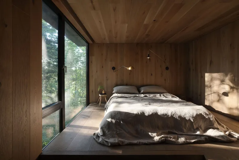 Timber-lined bedroom with floor-to-ceiling windows looking into the forest bathed in morning light