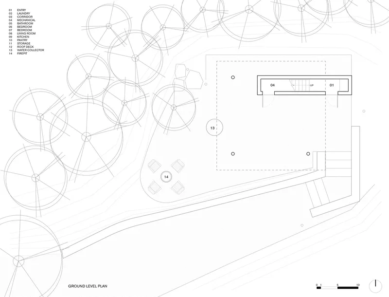 Ground level plan drawing showing rectangular volumes with pool and circular tree canopies along angled site boundary