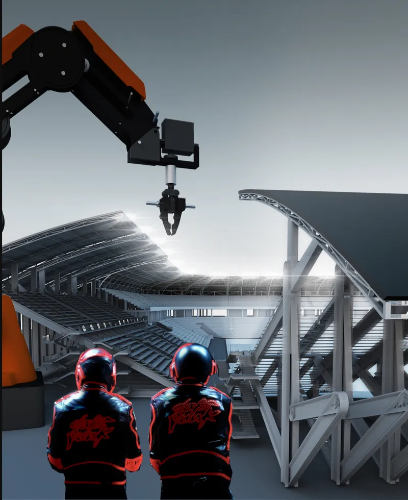Upward view of the stadium interior with robotic construction arm and two workers in helmets