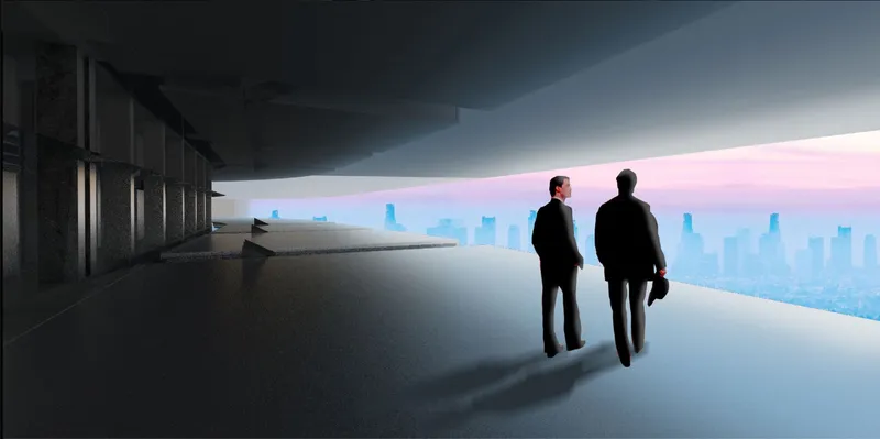 Viewing terrace with two figures overlooking the city skyline at dusk through horizontal opening