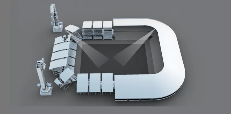 Axonometric view of a building model with a rounded perimeter bar and central courtyard with mechanical installations