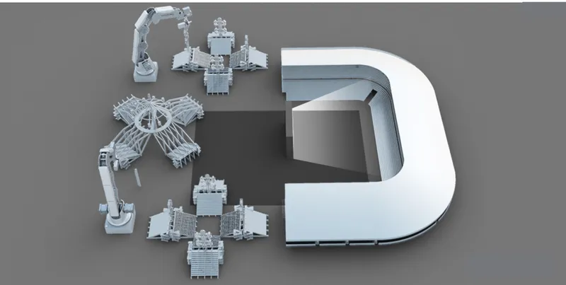 Top-down view showing the rounded stadium form with robotic arms and adjacent plaza spaces