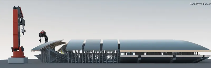East-west facade section showing the barrel vault roof and exposed steel truss structure