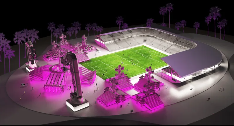 Aerial rendering of the oval stadium with illuminated exterior plazas and robotic cranes at night
