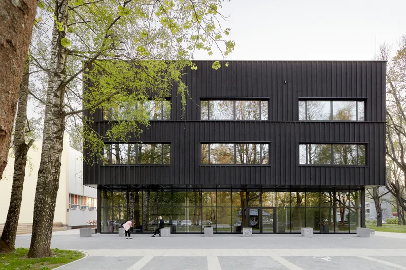 Dark vertical wood cladding facade elevated on pilotis between birch trees in spring