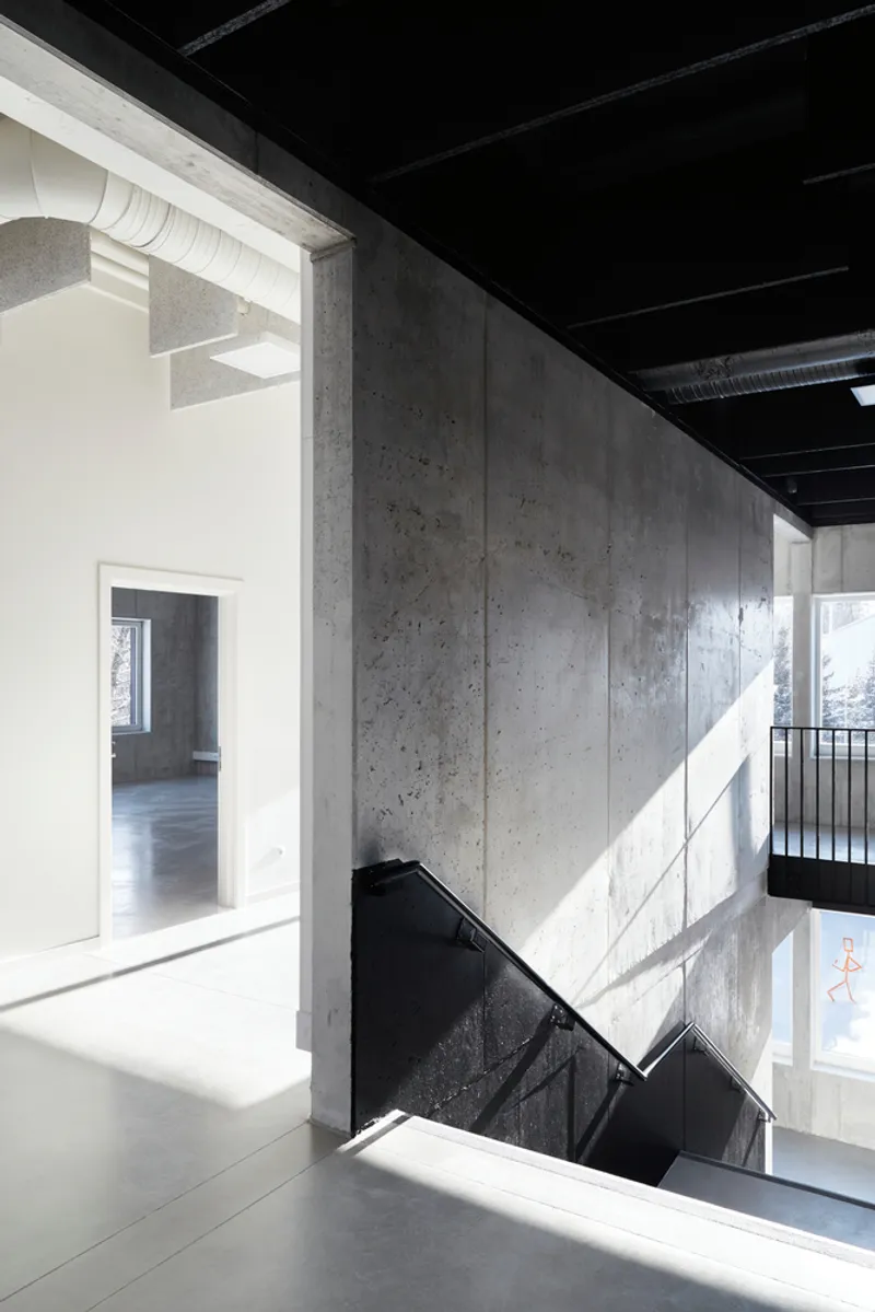 Board-formed concrete wall above a black metal stairwell flooded with afternoon sunlight