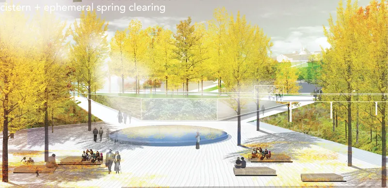 Rendering of circular reflecting pool in clearing surrounded by yellow-leaved trees with figures gathered around