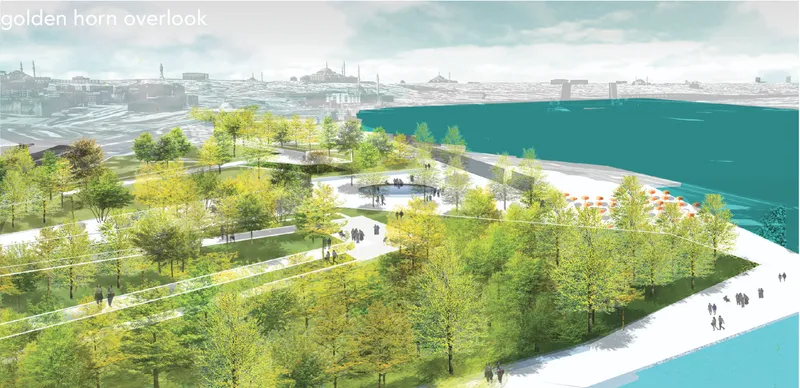 Rendered aerial view of a waterfront park with tree-lined pathways and pedestrians along a harbor edge