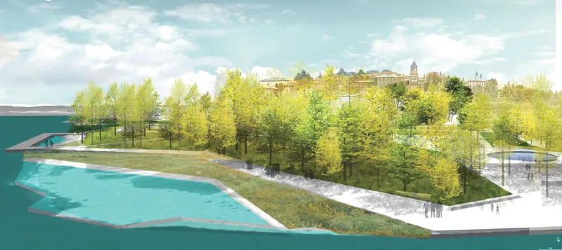 Rendered view of the curved waterfront promenade with deciduous trees and people walking beneath a cloudy sky