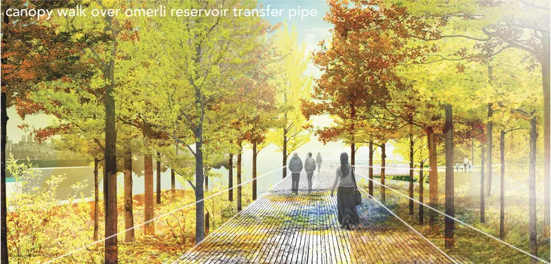 Rendered canopy walk through autumn foliage with backlit figures on a metal grate pathway