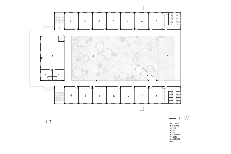 Ground floor plan drawing showing classroom wings flanking a central courtyard with diagonal pathways and planted areas