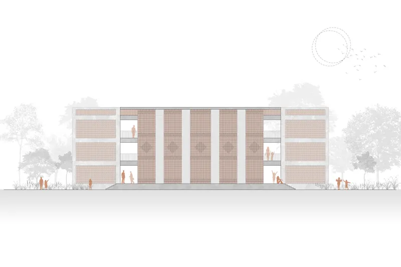 Elevation drawing of a two-story building with red brick infill panels and tall vertical white openings