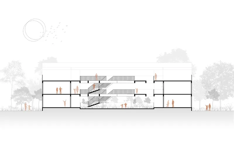 Section drawing showing a central staircase connecting multiple levels with planted courtyards and silhouetted figures