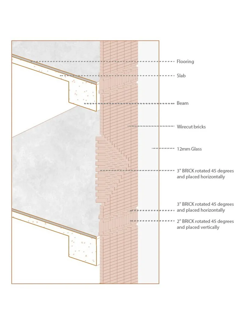 Construction detail drawing of a wirecut brick facade with rotated units and glass panel