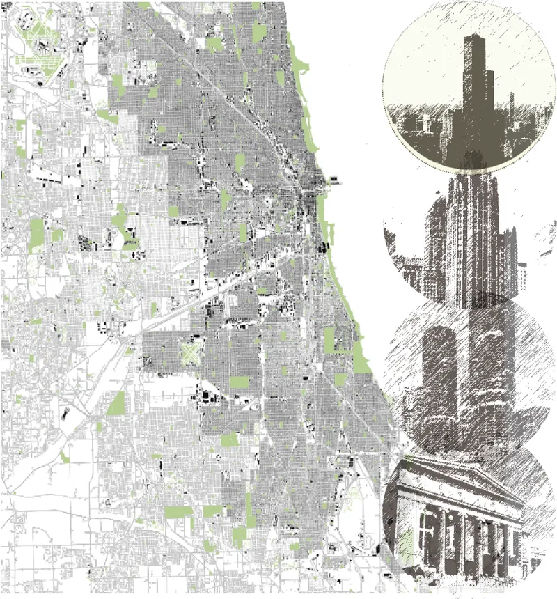 Site plan drawing showing urban grid with green parks alongside sketched elevation vignettes of tower structures