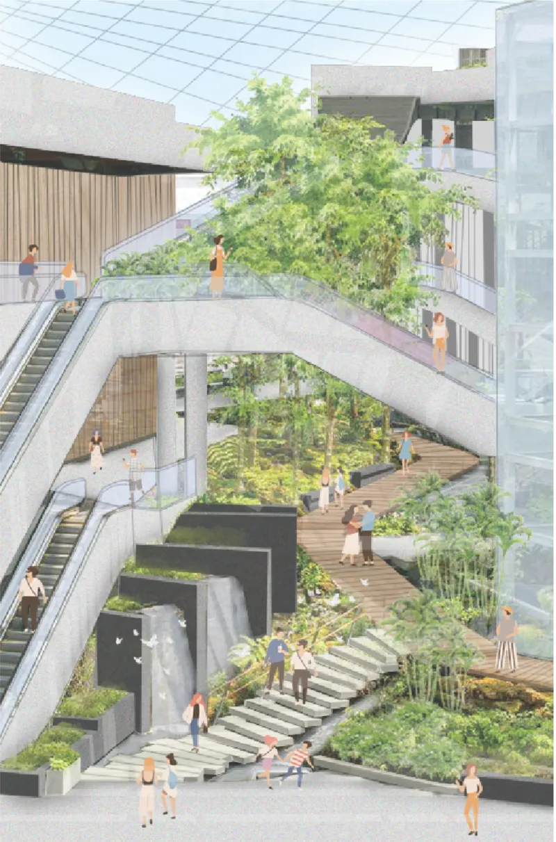 Rendered section drawing showing a multi-level interior atrium with planted terraces, escalators and gathering figures