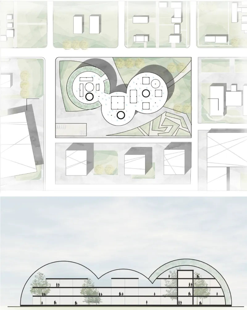 Site plan and section drawing showing three linked vaulted volumes with integrated landscape and surrounding buildings