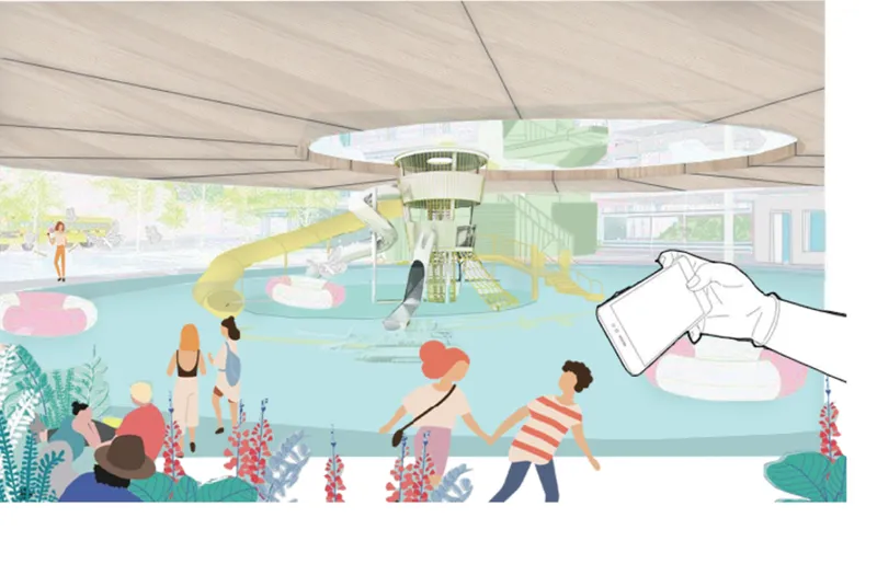 Interior rendering of a pool area with timber ceiling panels, yellow water slide and families gathered at the edge