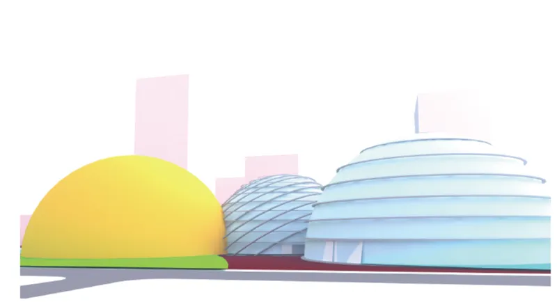 Rendering of three domed volumes with horizontal banding and a central spire against a pale sky