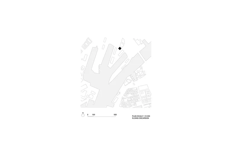 Site plan drawing showing the building footprint in relation to surrounding streets and urban context