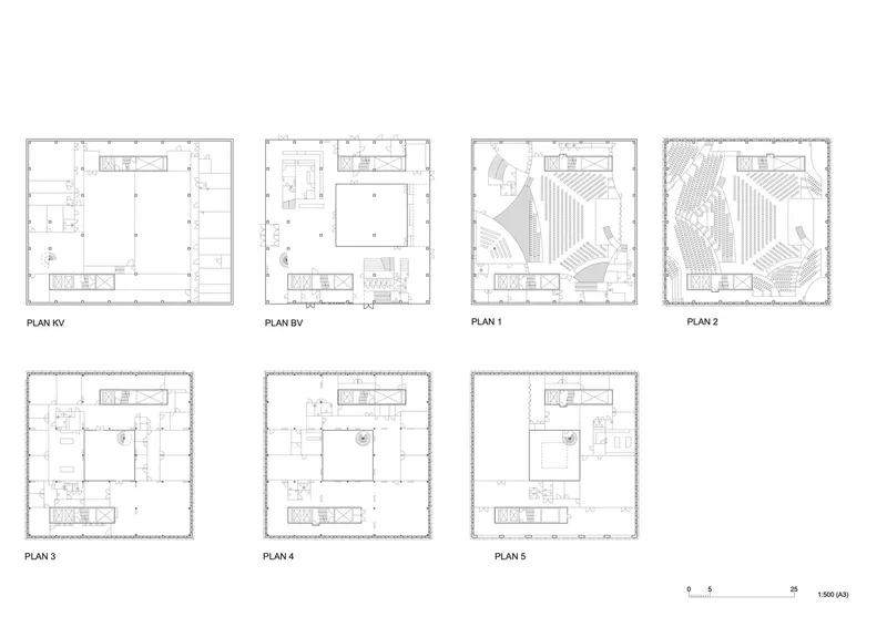 Floor plan drawings showing the progression from ground level to upper levels with courtyard and landscaping variations