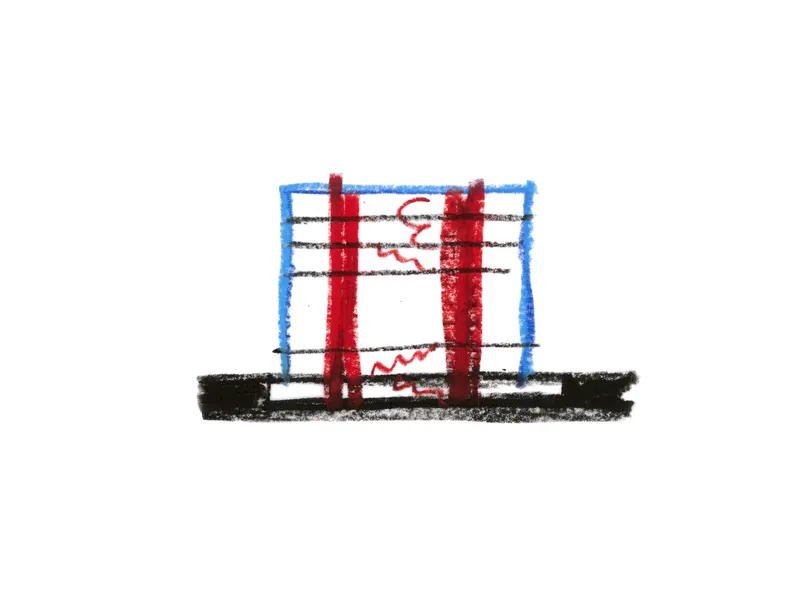 Sketch of a sectional detail showing red vertical elements within a blue-framed structural grid