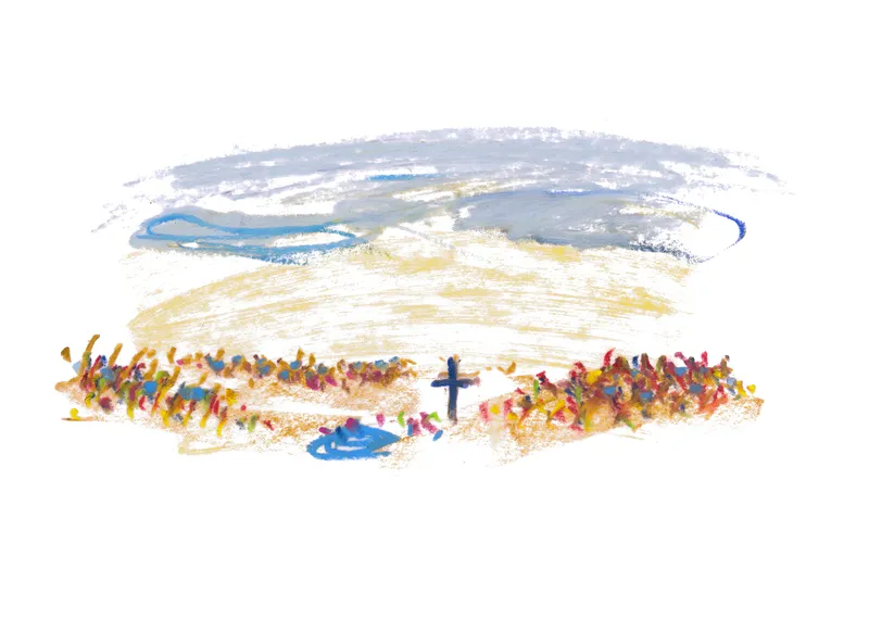 Watercolor sketch showing a cross-section view with gathered figures beneath a curved roof structure and central cross