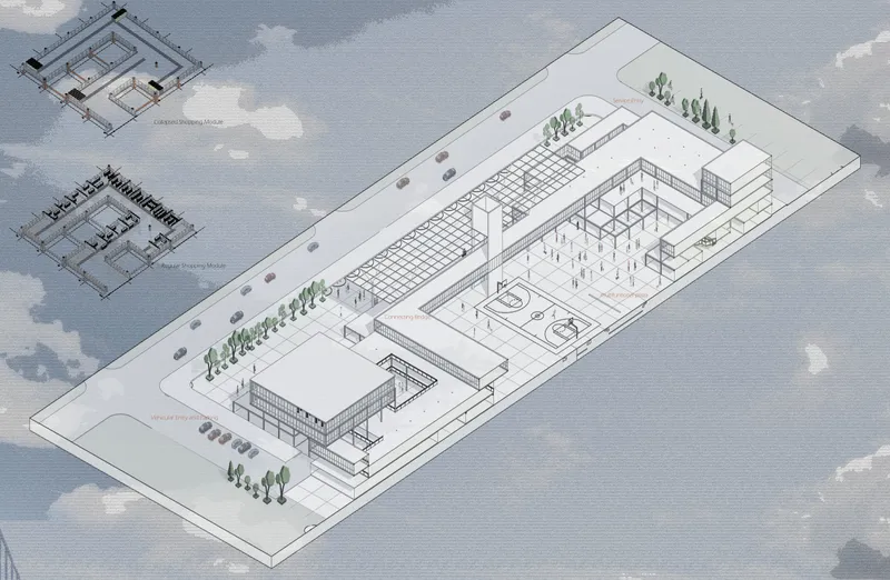 Axonometric drawing showing the site layout with buildings, courtyards, trees and circulation paths