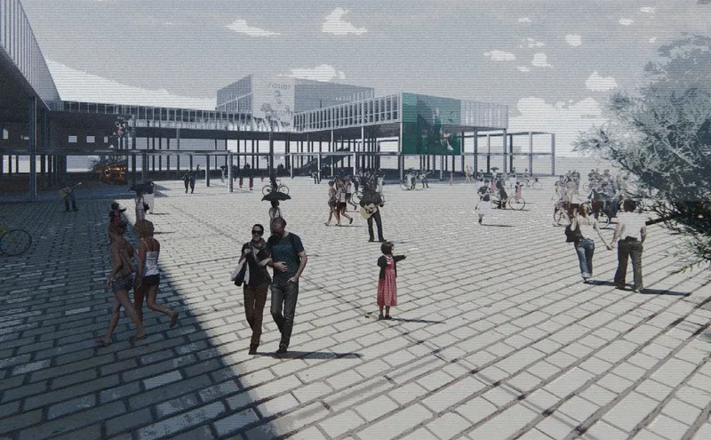 Wide plaza with gridded paving and people scattered across the space under a partly cloudy sky