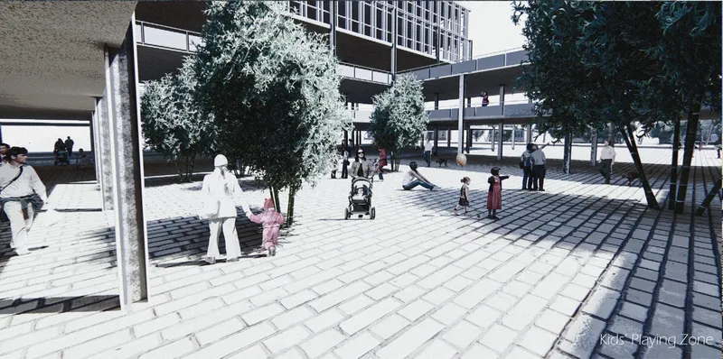 Paved plaza with tree shadows stretching across the gridded surface in bright sunlight