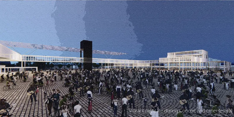Plaza filled with a large crowd during an outdoor concert with horizontal buildings in the distance