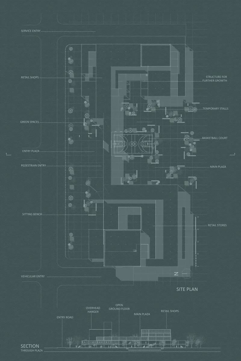Site plan and section drawing showing building clusters around a central basketball court with labeled circulation zones