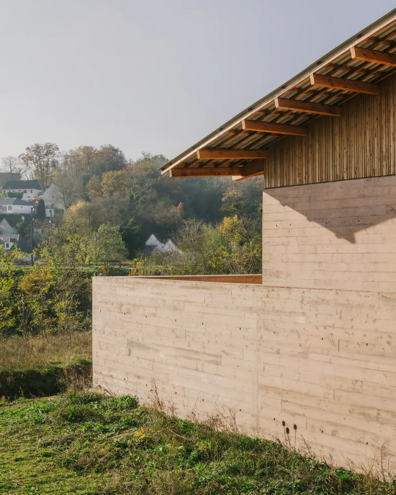 Rammed earth retaining wall and exposed timber roof structure with autumn foliage in the background