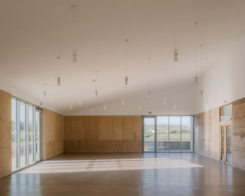 Interior hall with timber-paneled walls, pendant light fixtures and sunlight patterns on polished wood floors