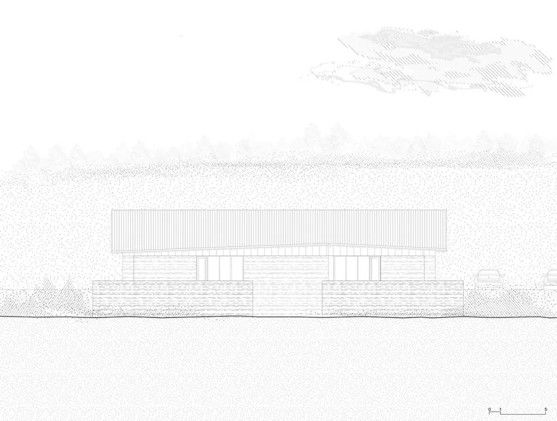 Elevation drawing showing low-pitched roof over stone and timber facade with sketched clouds above