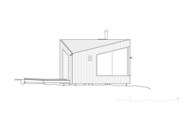 Elevation drawing showing a cabin with large window and extended entry deck