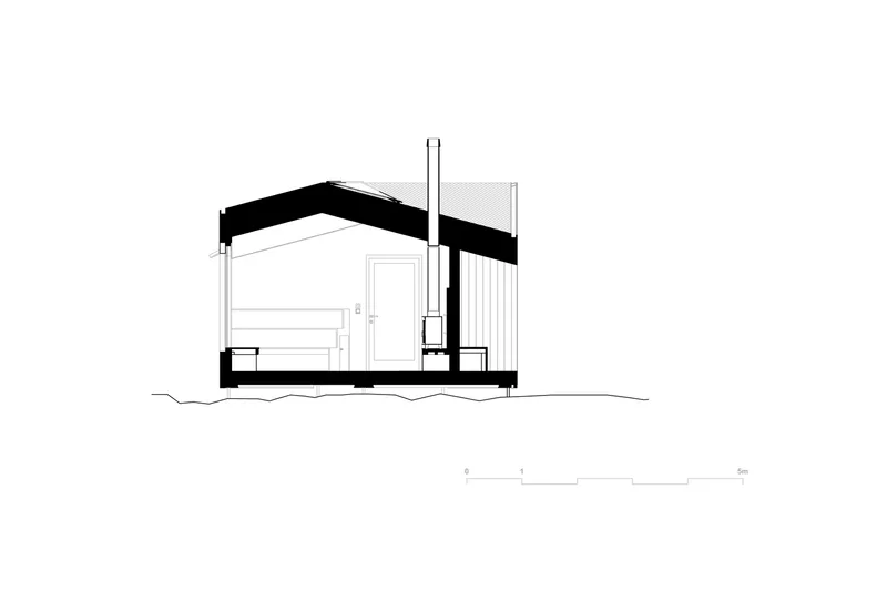 Section drawing through the cabin showing sloped ceiling and interior furnishings