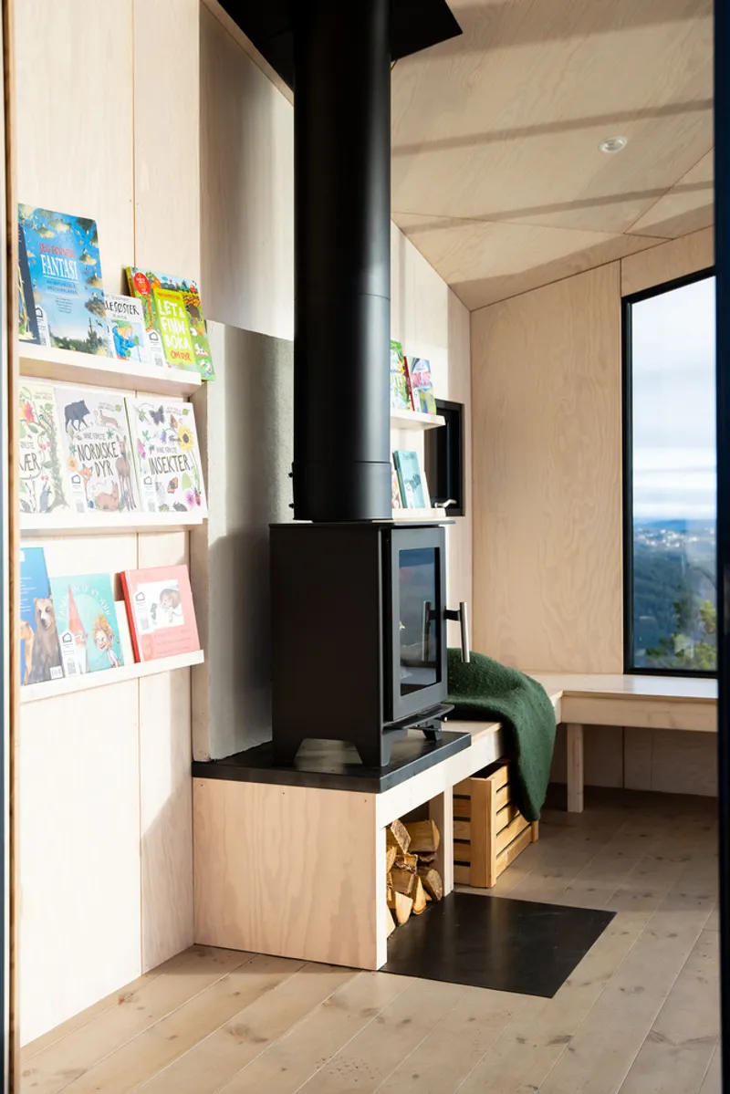 Black steel woodstove on plywood hearth beneath plywood ceiling and integrated bookshelves