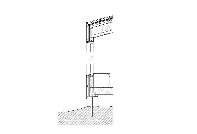 Section detail drawing showing roof and wall assembly connections at a column